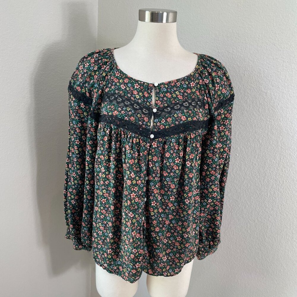 Old Navy Womens Large Floral Boho Blouse Black Multicolor Lace Trim Long Sleeves